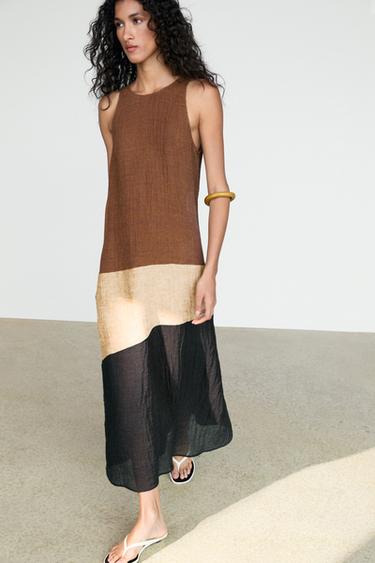 Combined linen blend midi dress — Brown 2