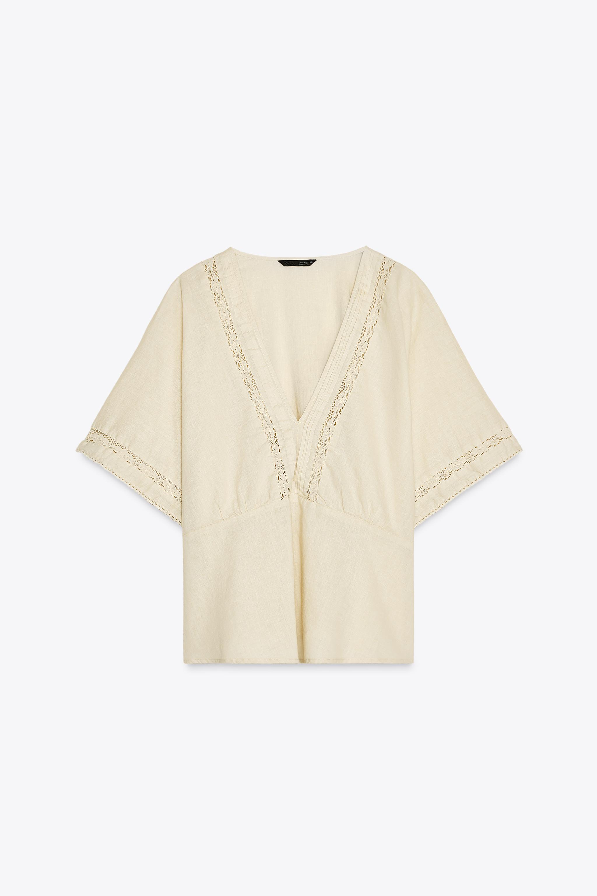 レーストリム入りリネントップス - サンド | ZARA Japan / 日本