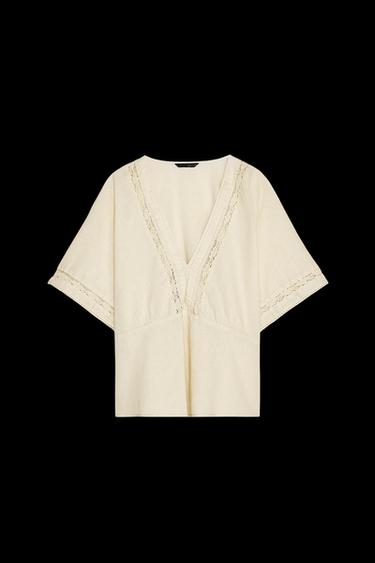 LACE TRIM LINEN BLEND TOP - Sand by Zara - Image 0