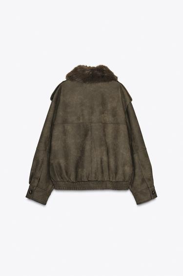 REMOVABLE COLLAR FAUX SUEDE JACKET - Khaki by Zara