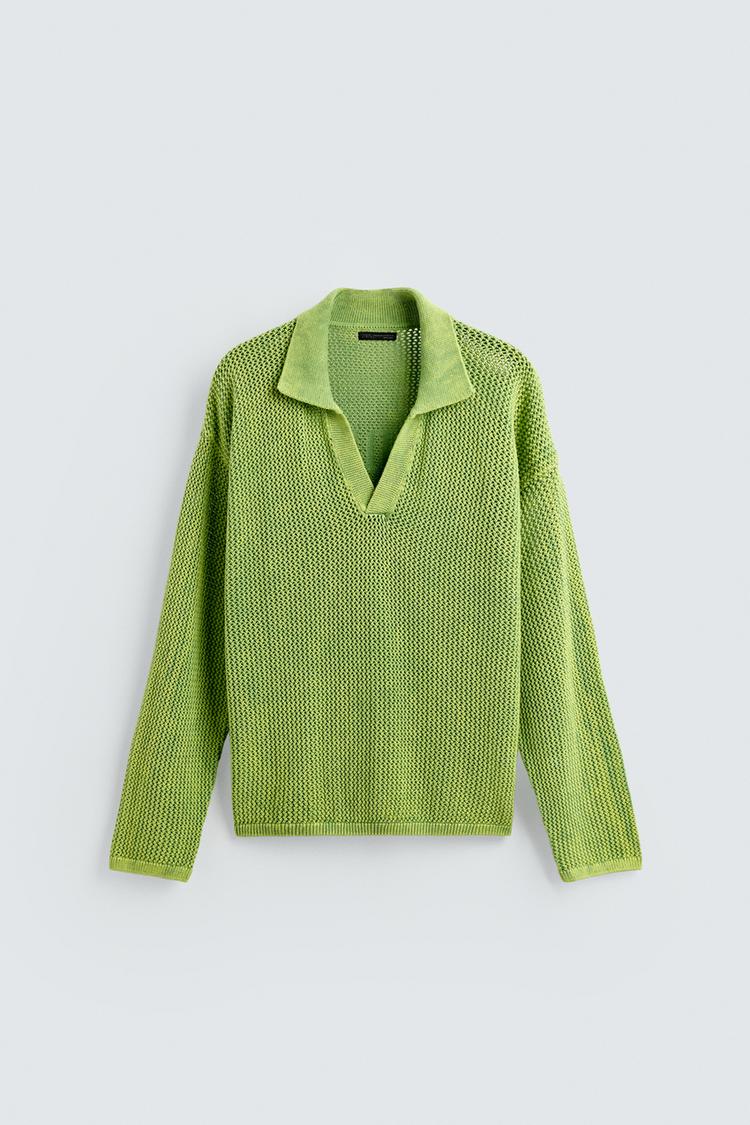 ZARA WASHED TEXTURED KNIT POLO SHIRT