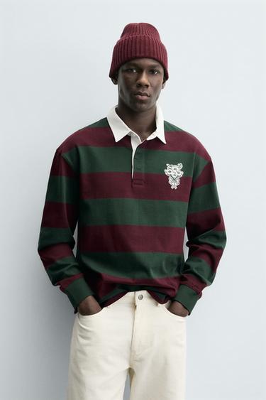 GESTREIFTES POLOSHIRT MIT PATCH - Grüner Streifen von Zara