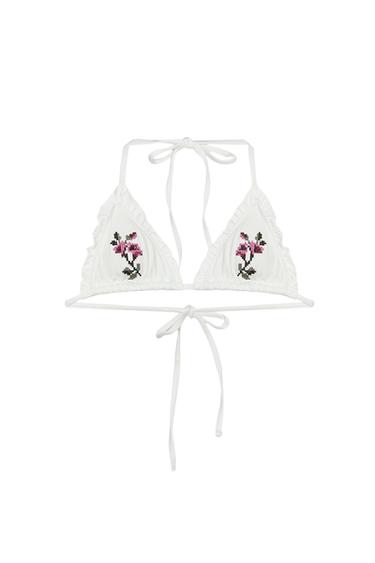 Zara CROSS-STITCH FLOWER TRIANGLE BIKINI TOP - Ecru