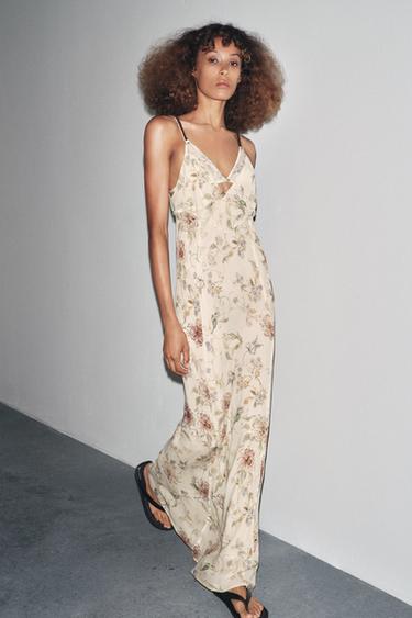 Zara FLORAL PRINT STRAPPY DRESS - Ecru