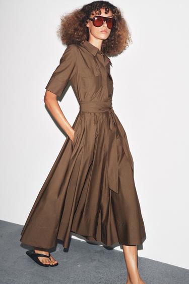 Zara ZW COLLECTION POPLIN DRESS - Brown