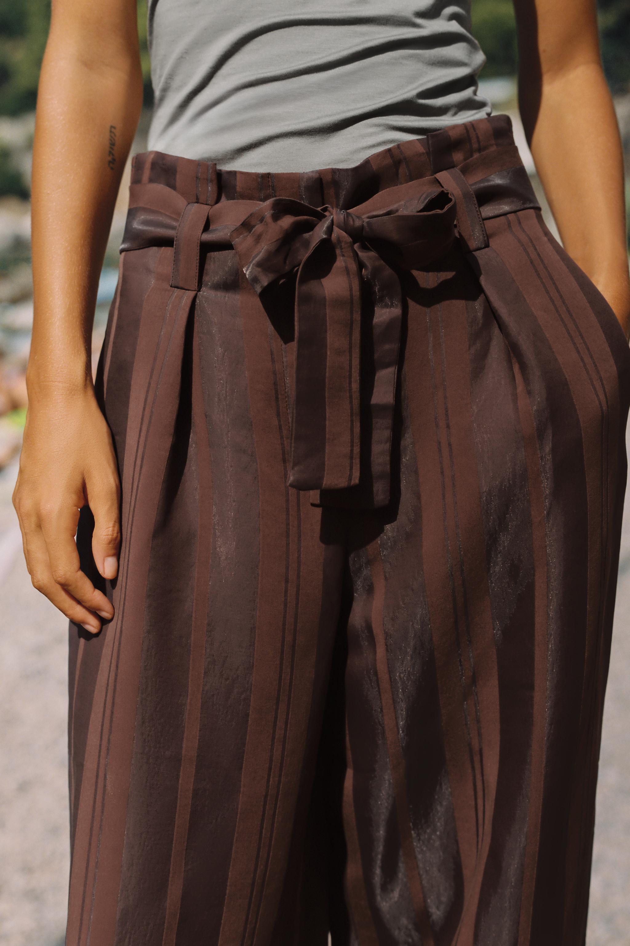 STRIPED BELTED PAPERBAG TROUSERS — Brown