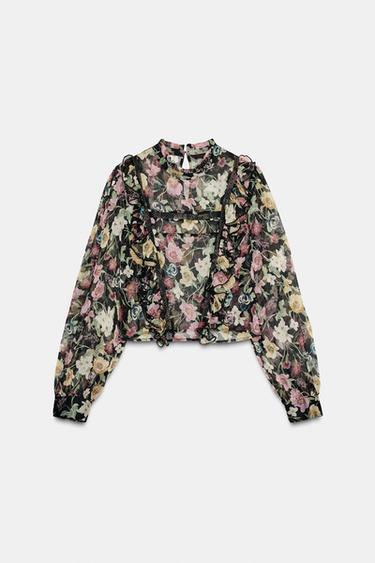 Zara FLORAL PRINT RUFFLED BLOUSE - Multicolored
