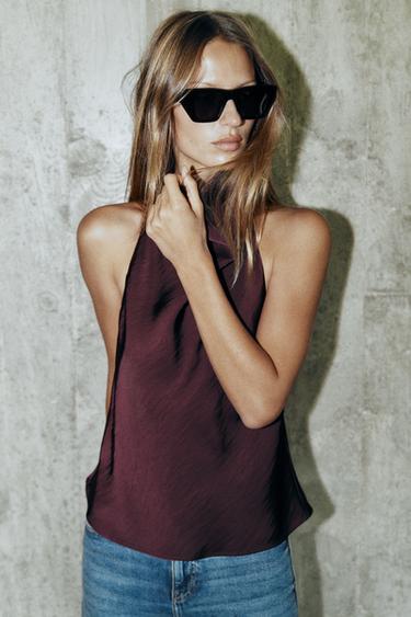 Zara SATIN EFFECT HALTER TOP - Burgundy