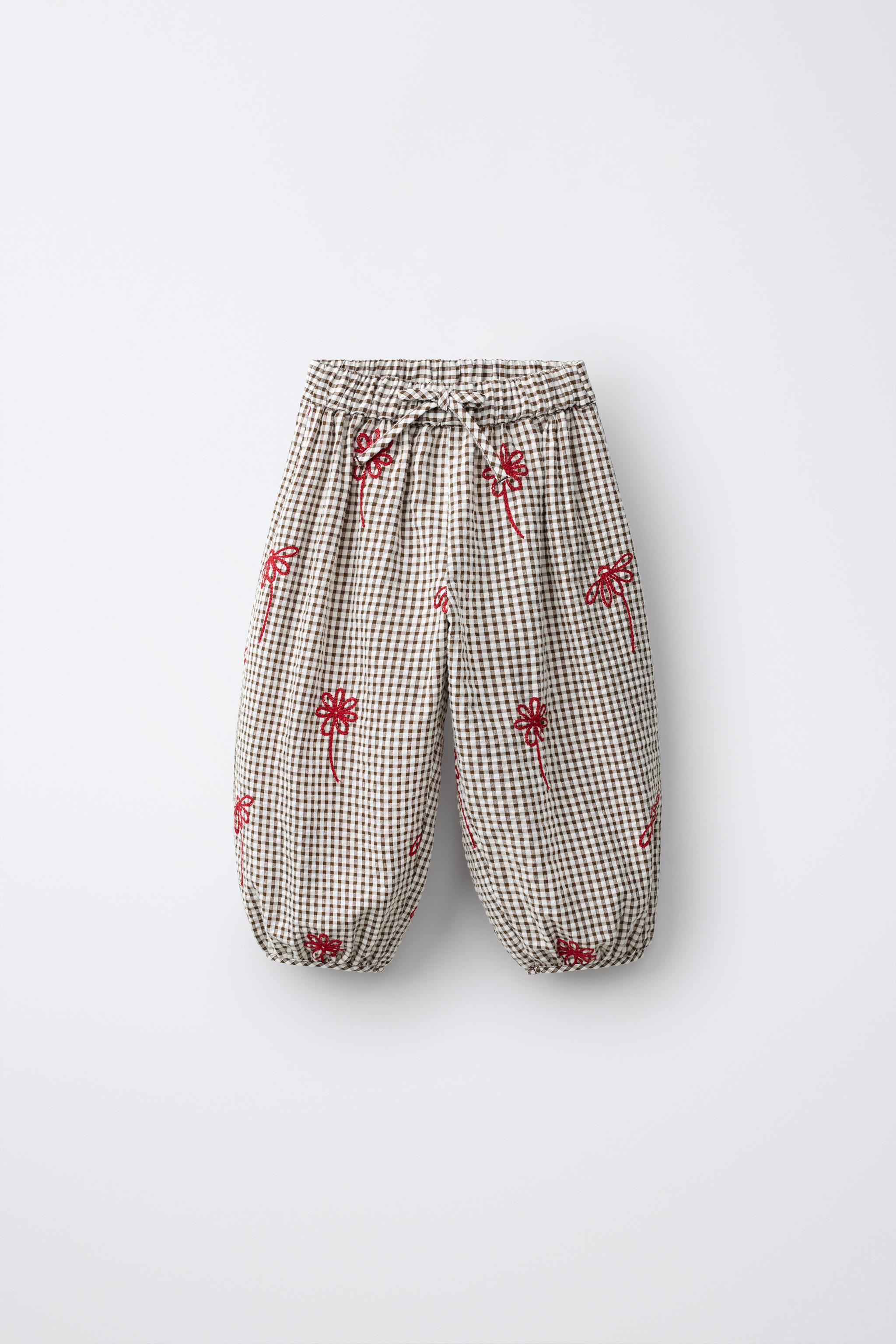 PLAID EMBROIDERED FLORAL BALLOON PANTS — Chocolate