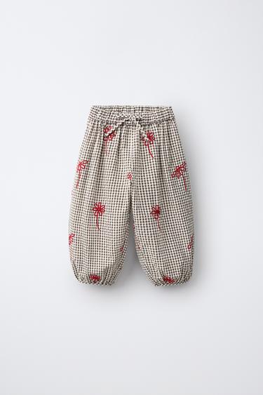CALÇAS ESTILO BOMBACHAS AOS QUADRADOS COM FLORES BORDADAS - Chocolate da Zara