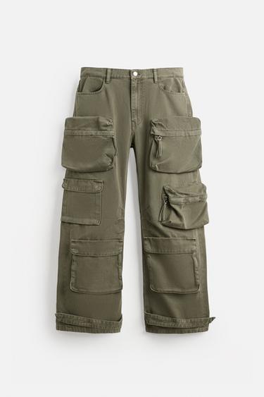 DENIM CARGO TROUSERS WITH POCKETS - Green by Zara