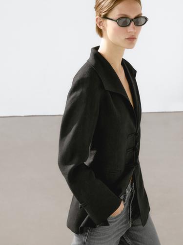 Zara Linen blend blazer with fastening detail - Black