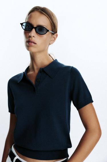 SHORT SLEEVE KNIT POLO TOP - Navy blue by Zara