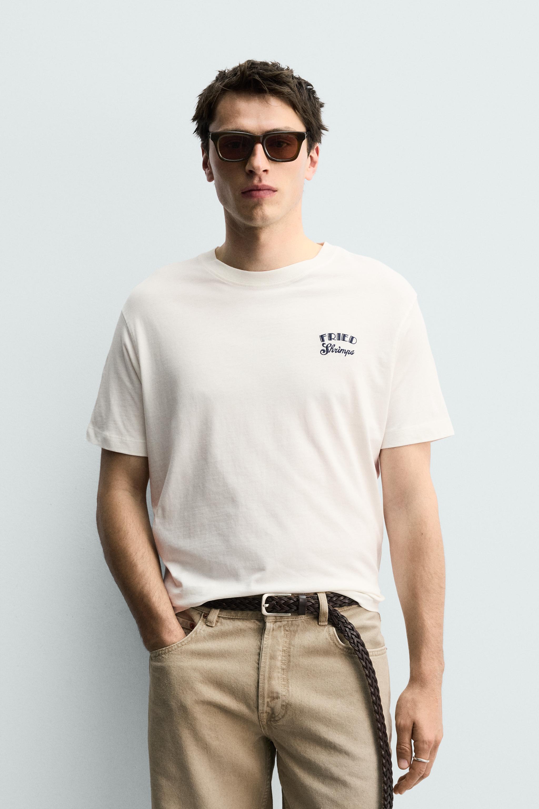 REGULAR FIT EMBROIDERED COMBINATION T-SHIRT - Oyster-white | ZARA