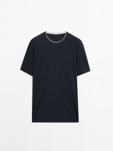 Zara Linen blend contrast knit T-shirt - Navy blue