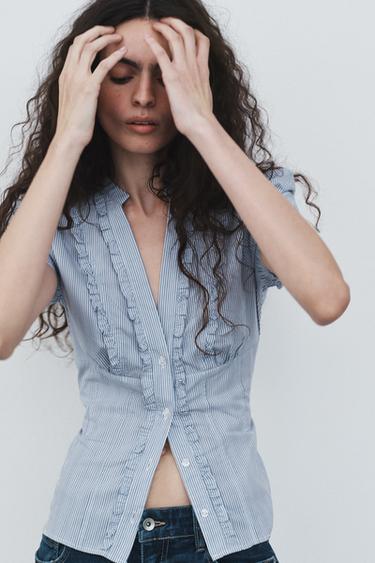 CAMISA POPELÍN VOLANTES - Azul / Blanco de Zara