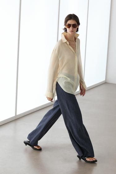 Zara 100% linen mid-waist flare pants - Navy blue