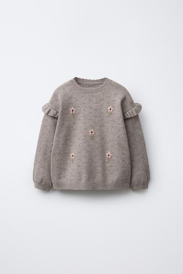 EMBROIDERED FLORAL KNIT SWEATER - Taupe grey by Zara
