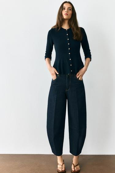 Zara KNIT PEPLUM JACKET - Navy blue