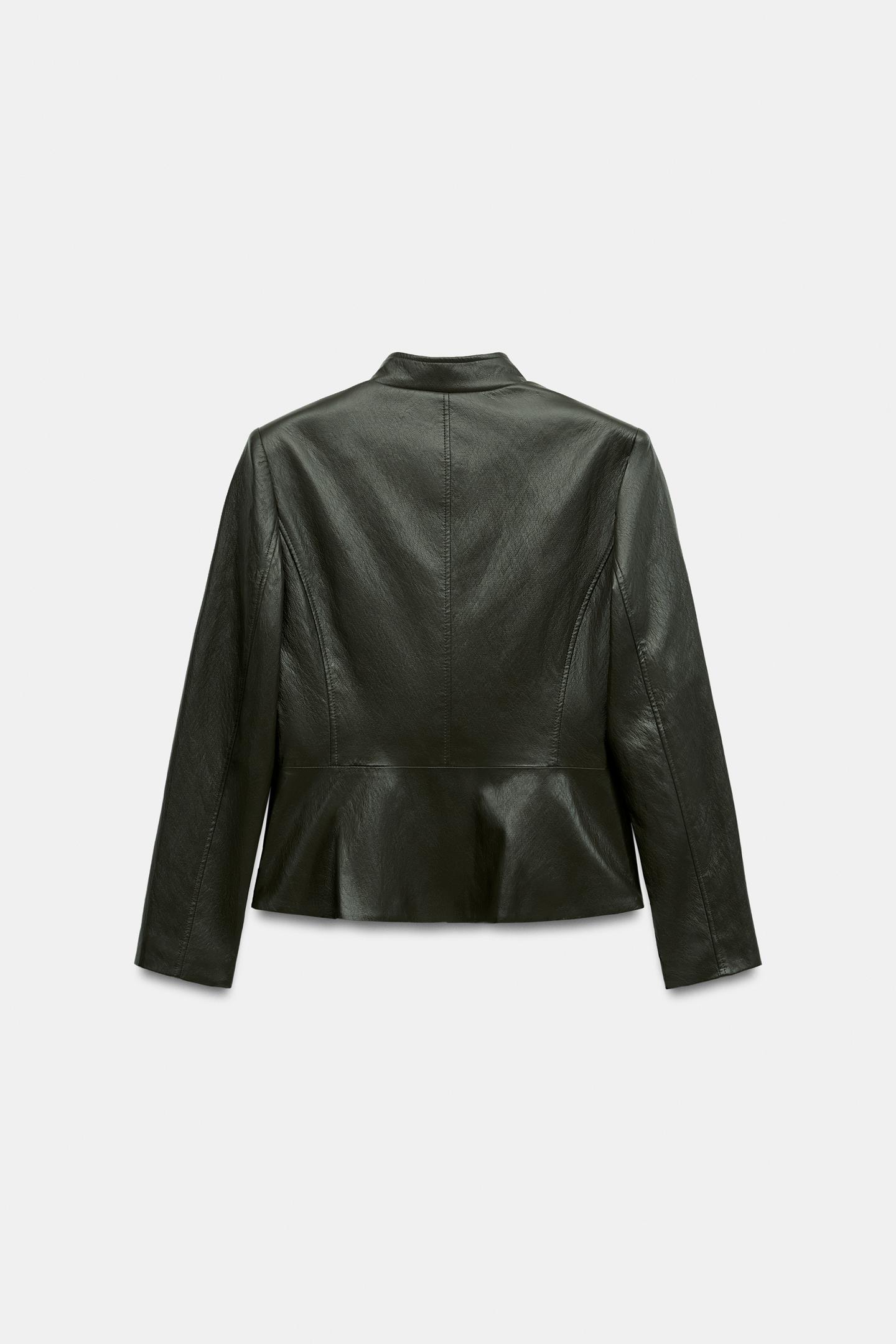 Женская куртка Zara Faux Leather Jacket with Shoulder Pads, цвет: Тёмный хаки — фото 9