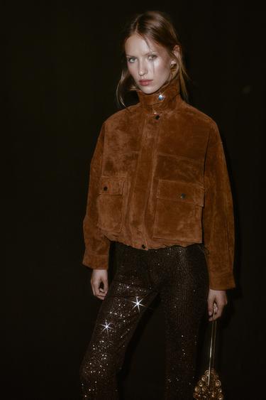 Zara 100% 真皮飛行員外套 - 威士忌色