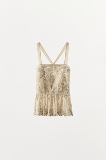 TOP WITH EMBROIDERED LACE - Ecru by Zara - Image 4
