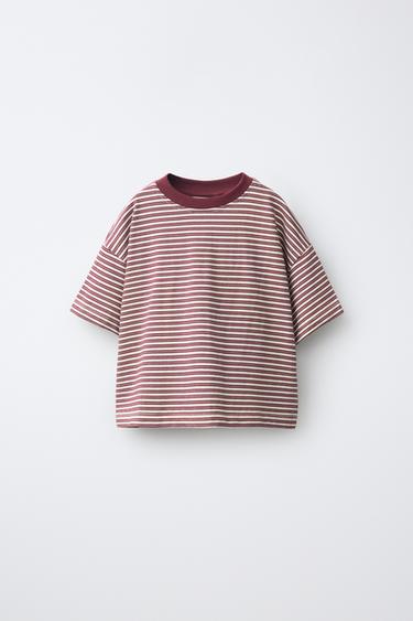 CONTRAST NECK STRIPED T-SHIRT — Burgundy 1