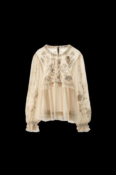 EMBROIDERED AND BEADED STRUCTURED BLOUSE - Oyster-white by Zara - Image 0