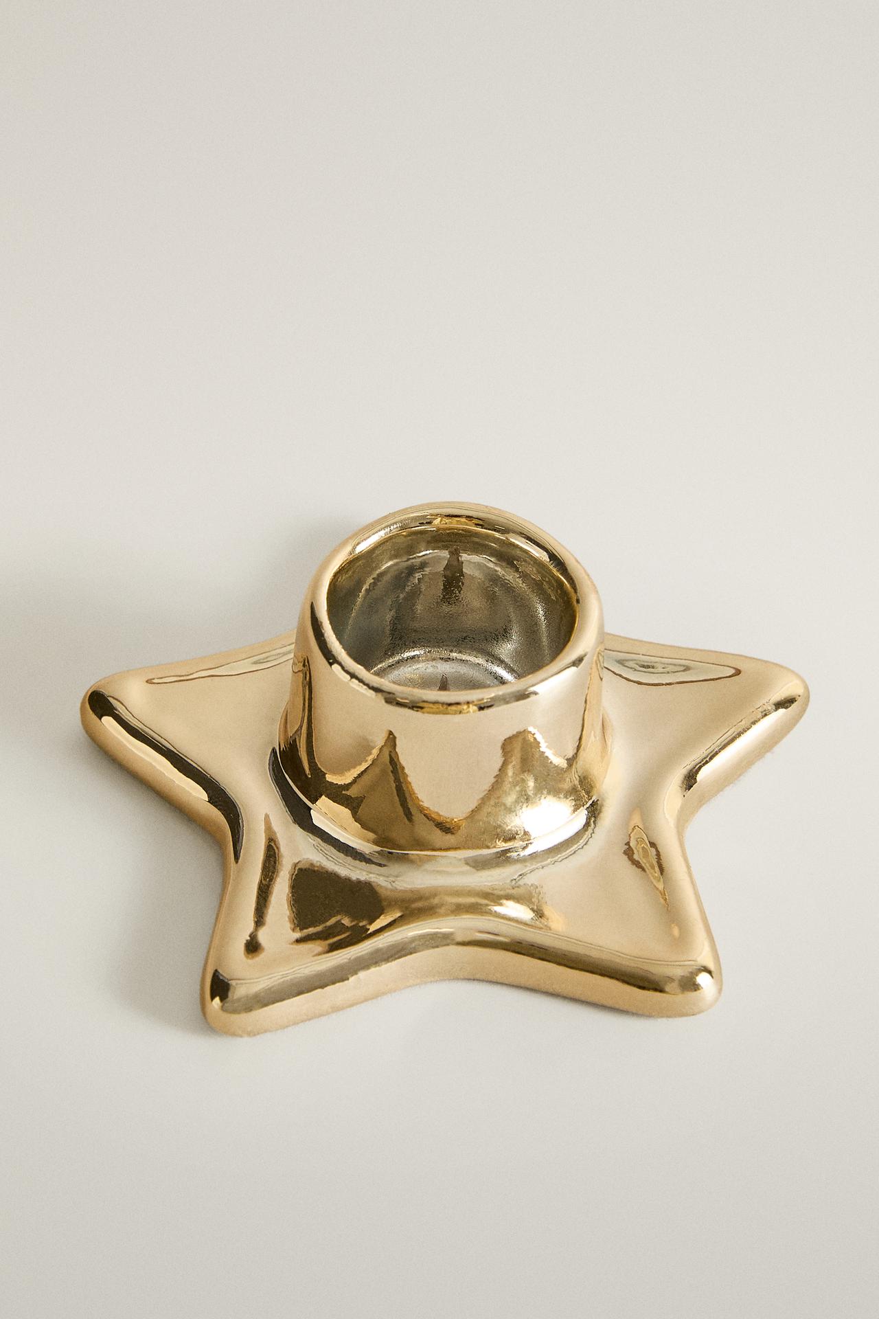 CHRISTMAS STAR PORCELAIN CANDLE HOLDER — Golden