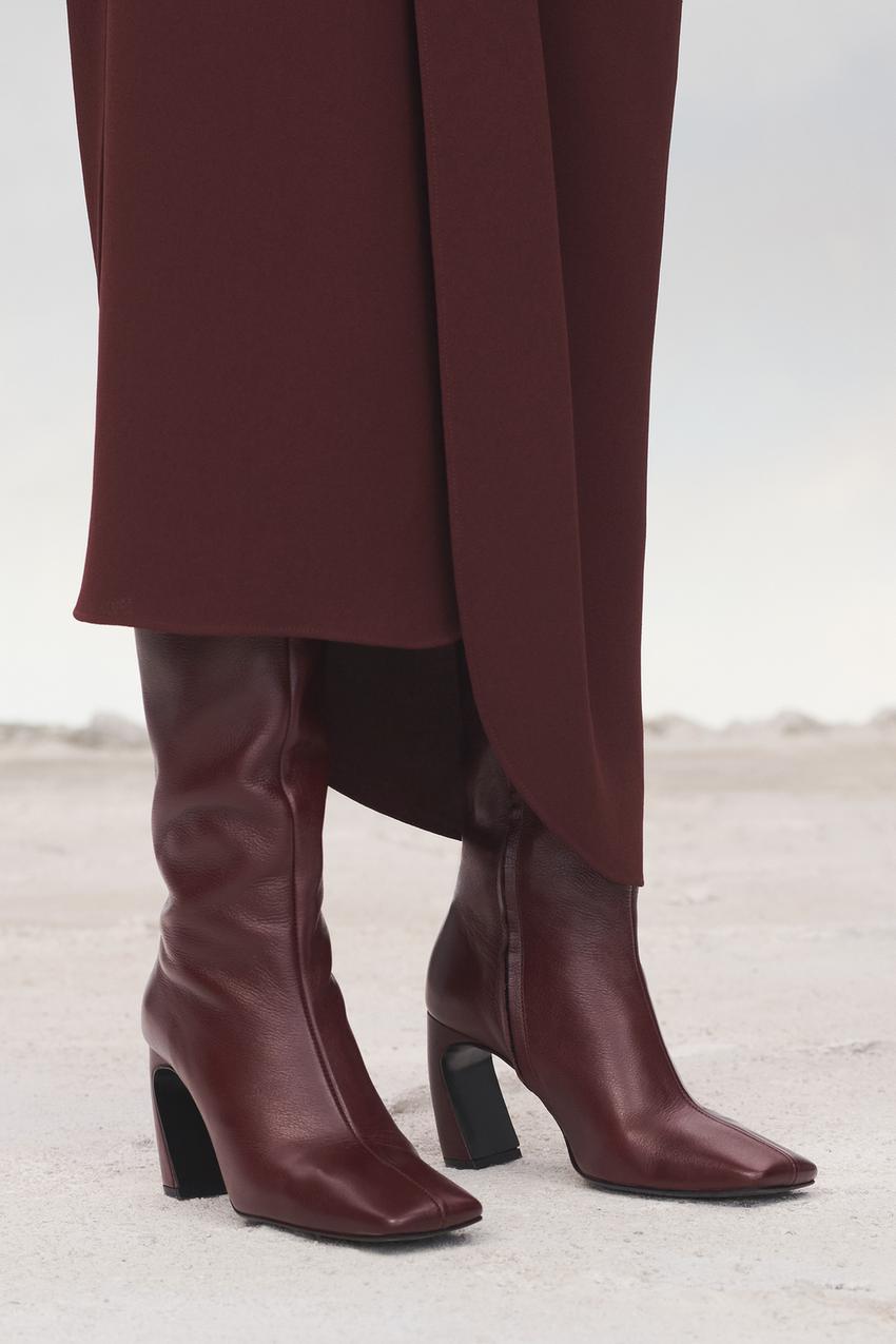 SQUARE TOE LEATHER BOOTS LIMITED EDITION - Burgundy Red | ZARA 