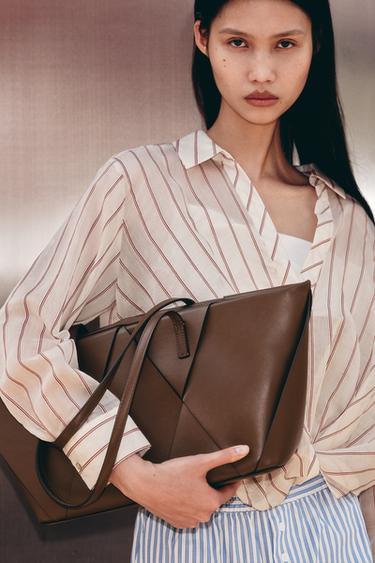 Zara 長版交織托特包 - 深棕黃色