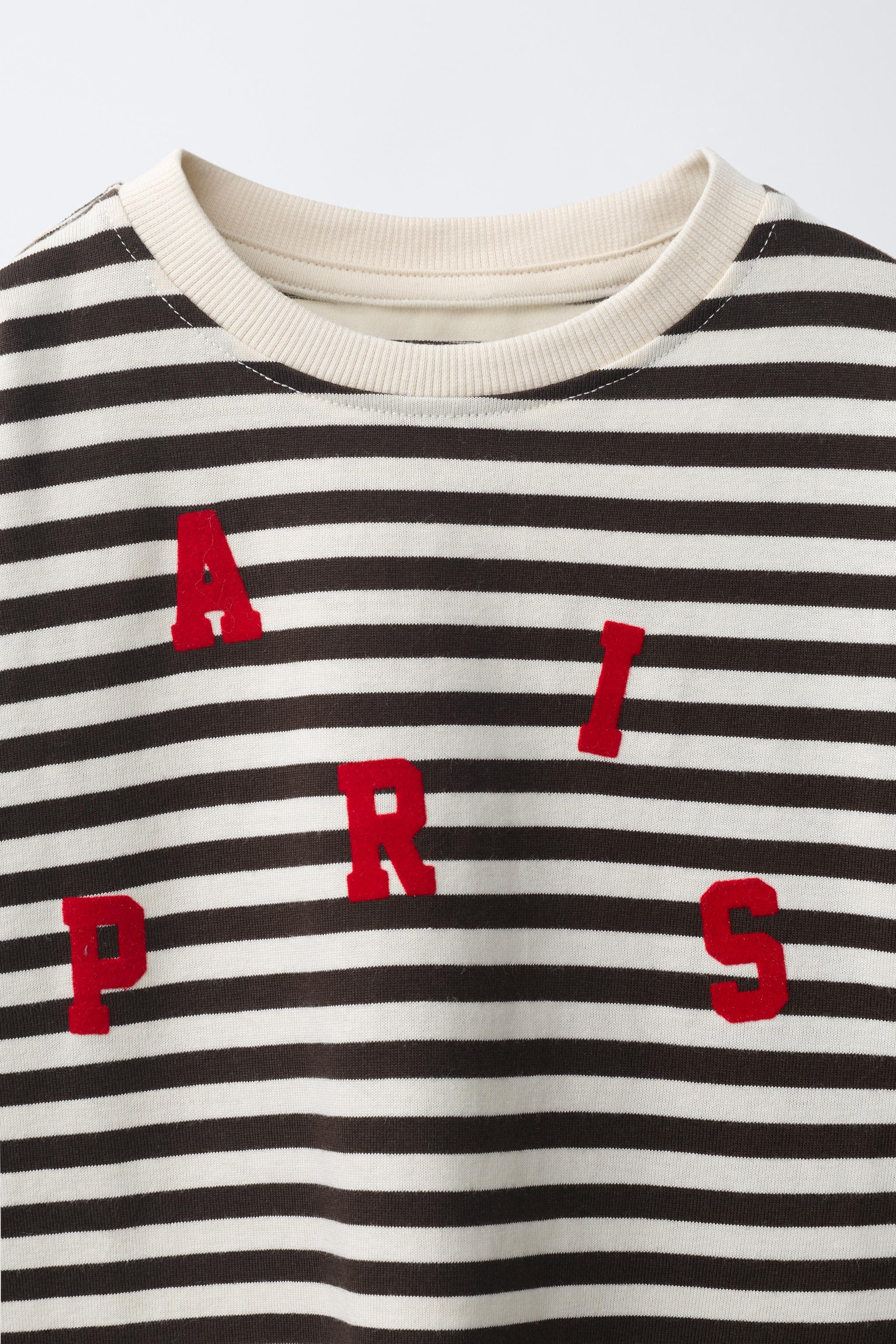 STRIPED EMBROIDERED FLOCKED TEXT T-SHIRT
