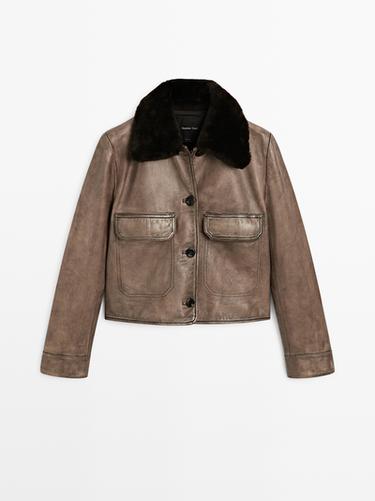 Chaqueta cuello pelo piel napa - Marrón de Zara