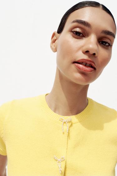 CARDIGAN WITH FAUX PEARL TIES - Yellow by Zara - Image 1