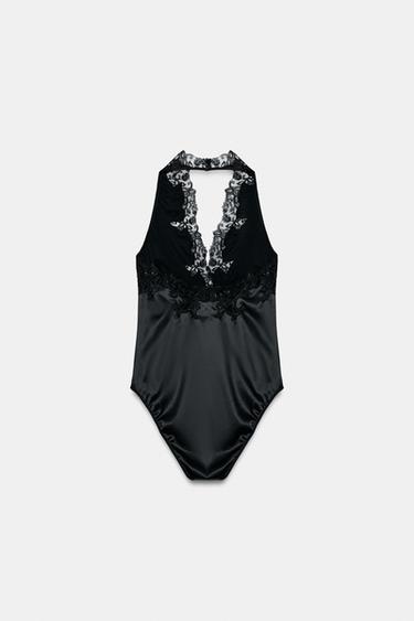 ZW COLLECTION SATIN HALTER BODYSUIT WITH LACE TRIM - Black by Zara - Image 2