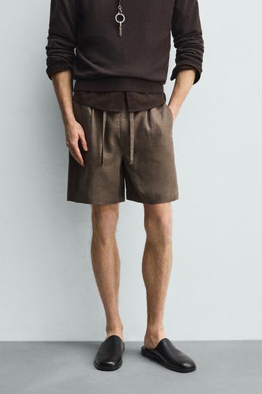 Zara 100% LINEN RELAXED FIT SHORTS - Brown / Taupe