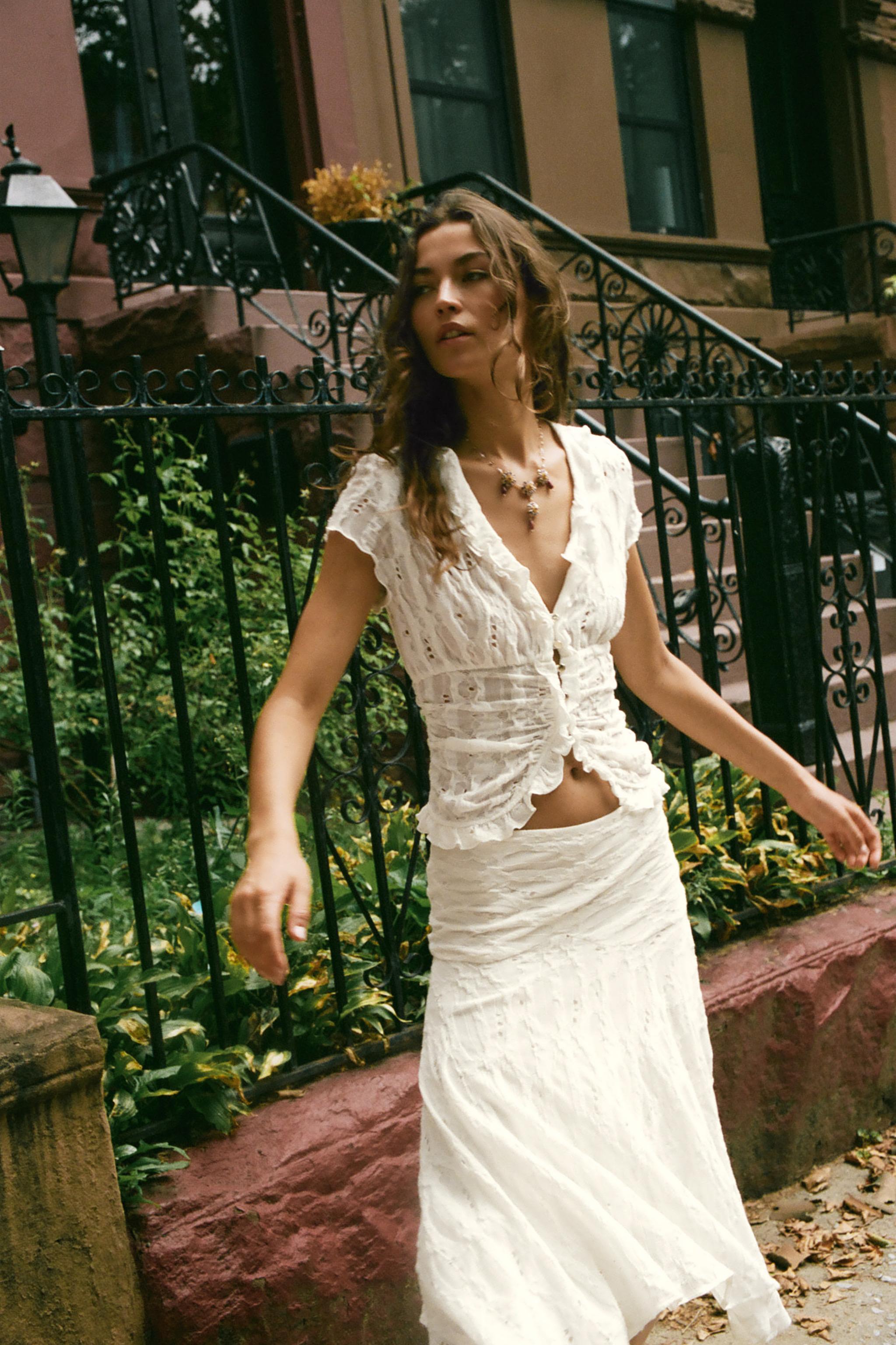 ASYMMETRIC RIPPED MIDI SKIRT — Oyster-white
