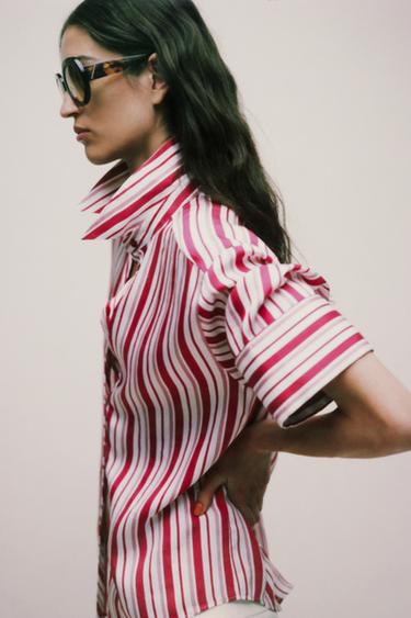 CHEMISE À RAYURES À MANCHES RETROUSSÉES - Rouge / Blanc de Zara - Image 5