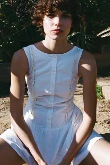 VESTIDO POPELÍN ENCAJE - Blanco de Zara