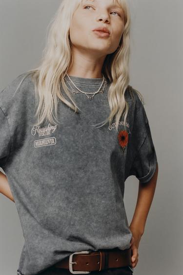 GARMENT DYE WASHED-EFFECT FLORAL T-SHIRT - Anthracite grey by Zara