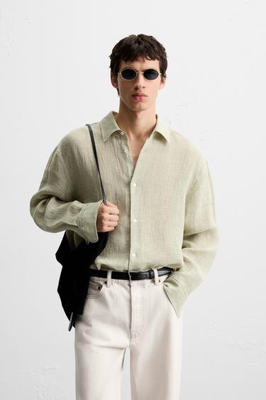 RELAXED FIT LINEN BLEND SHIRT - Sage Green by Zara