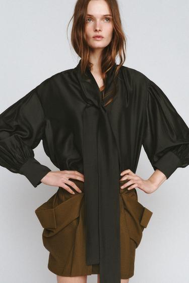 Zara SATIN EFFECT SHIRT WITH TIES ZW COLLECTION - Green