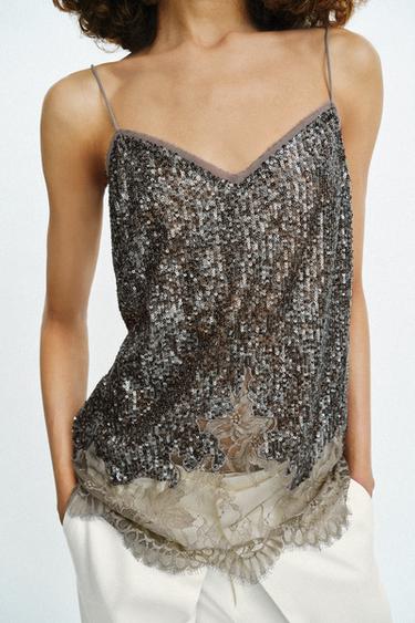 TOP À BRETELLES PAILLETTES ZW COLLECTION - Argent foncé de Zara - Image 1