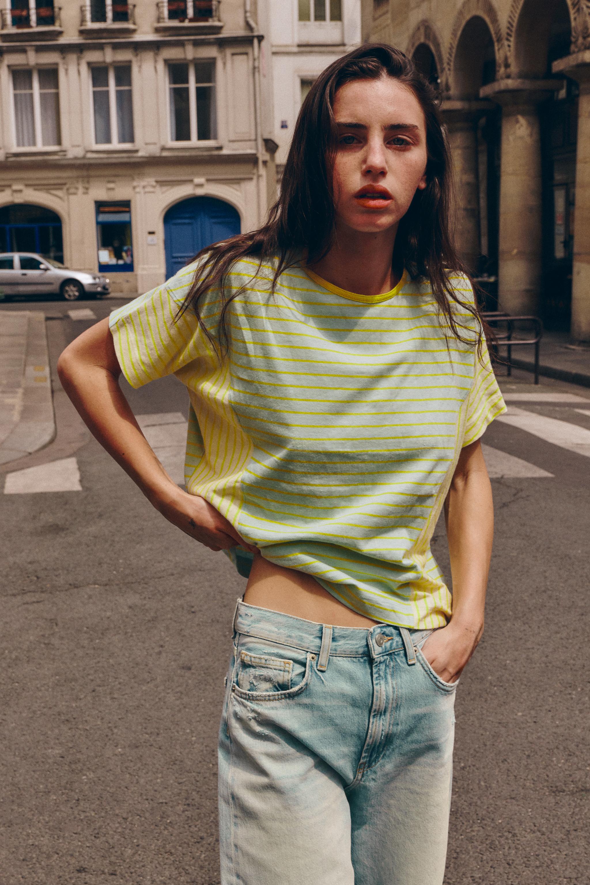 コットン＆リネンストライプTシャツ - rウォッシュグリーン | ZARA
