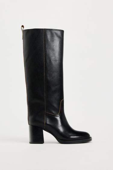 ВЫСОКИЕ КОЖАНЫЕ САПОГИ НА ШИРОКОМ КАБЛУКЕ — Черный от Zara — изображение 0