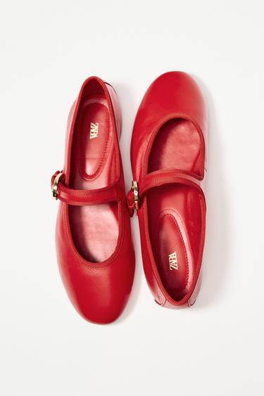 LEATHER BALLERINAS - Red by Zara