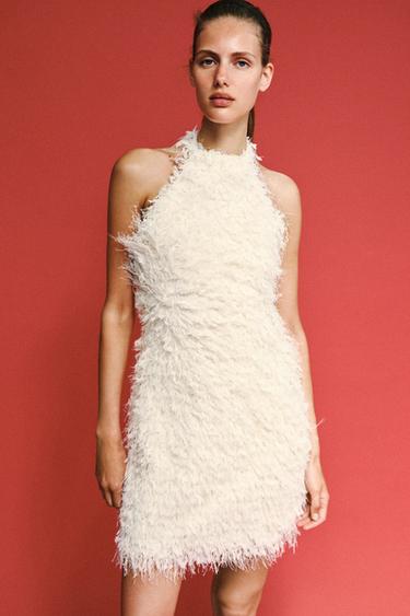 Zara FRINGED KNIT MINI DRESS - Ecru