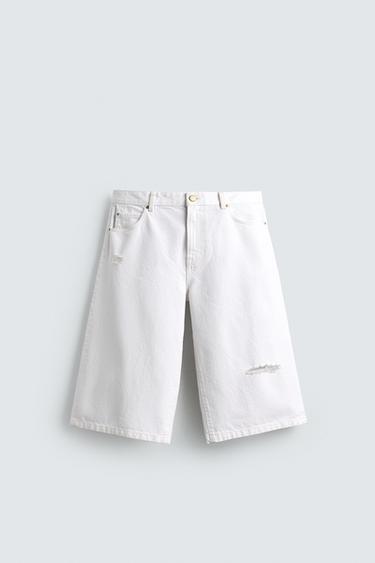 Zara RIPPED RELAXED FIT DENIM JORTS - White