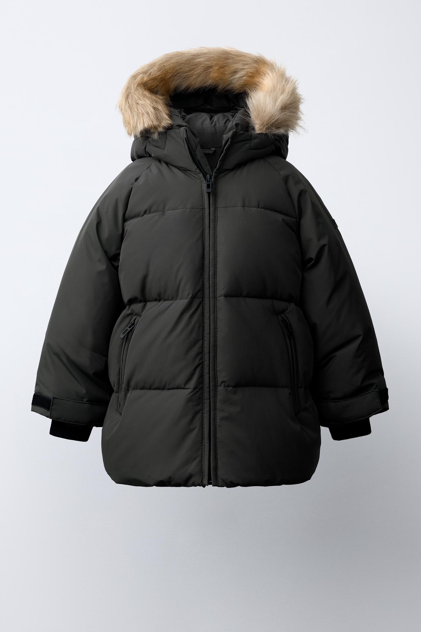 Детские худи Zara 50/50 Down & Feather Faux Fur Water-Repellent and Windproof Puffer Jacket, цвет: Чёрный — фото 2