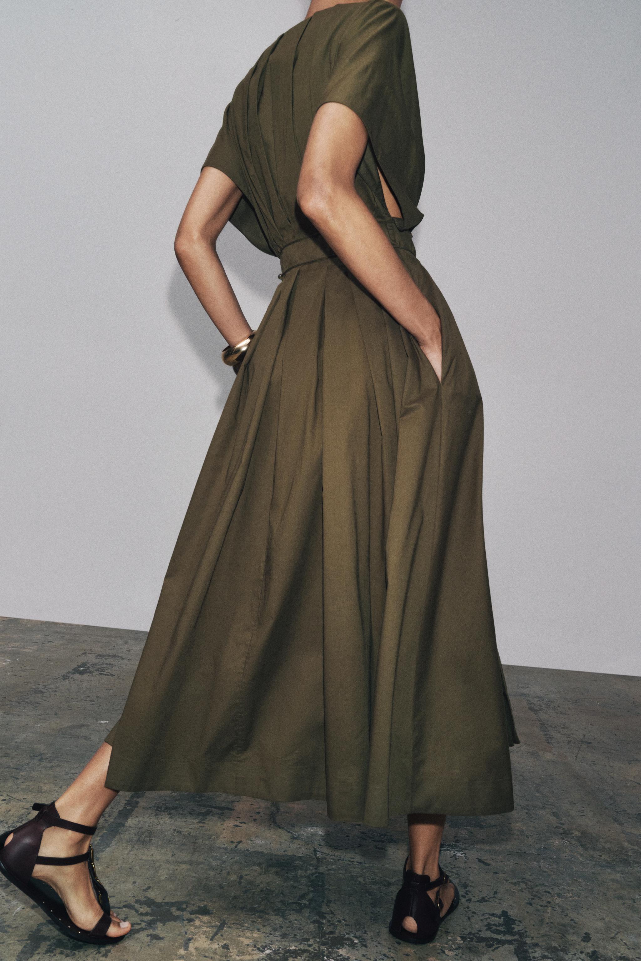 【ZARA】ピンタック入りミディワンピース ZW COLLECTION ピンタック入りミディワンピース ZW COLLECTION - ダークカーキ